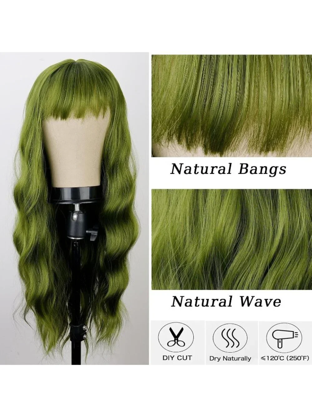 Women's Green 26 Inch Natural Looking Synthetic Fiber Long Wavy Wigs Bangs
